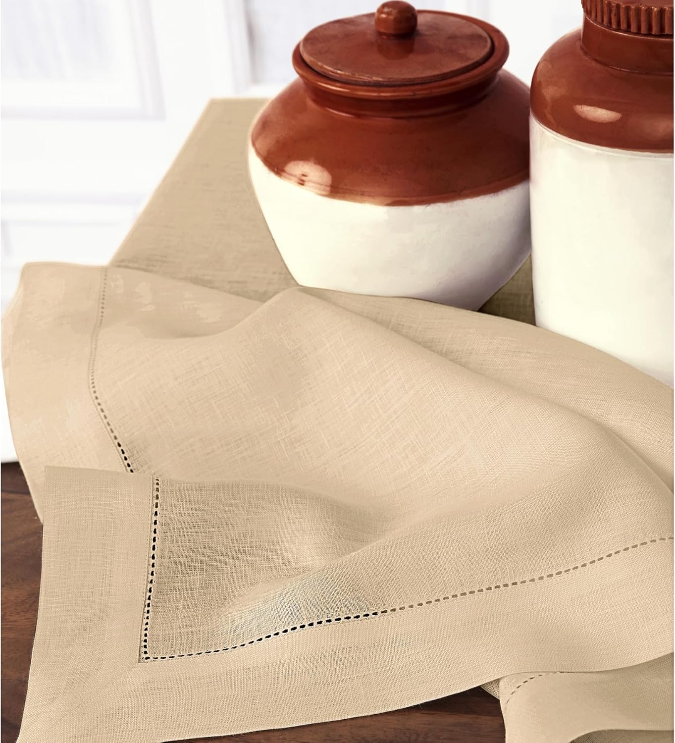 Solino Home Beige Linen Tablecloth 60 x 120 Inch - Classic Hemstitch, 100% Pure Linen Rectangular Tablecloth - Machine Washable Table Cloth for Fall, Autumn, Thanksgiving, Christmas