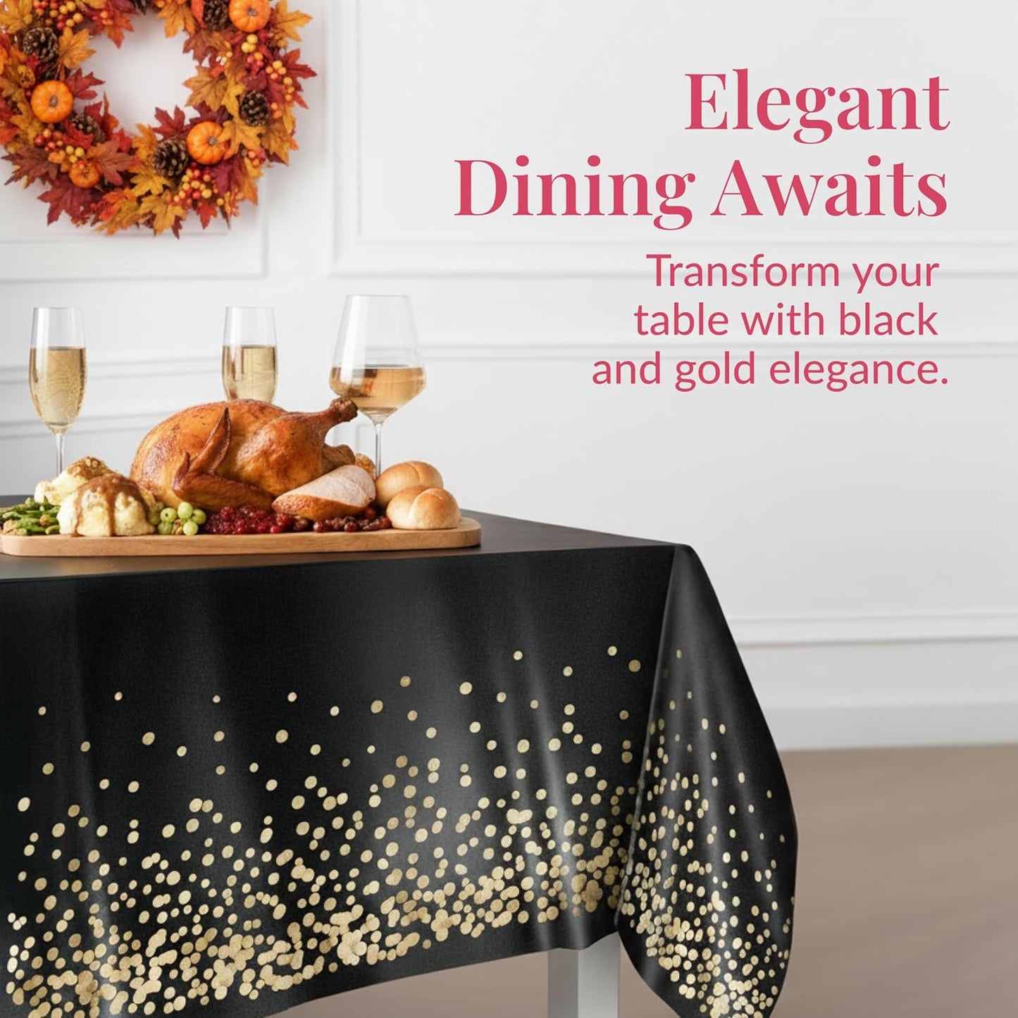 Prestee Gold and Black Table Cloth for Events - Pack of 4, 54 x 108 Inches - Disposable Table Cover, Ideal Black Tablecloths for Party Decorations, Dining, and Holiday Celebrations