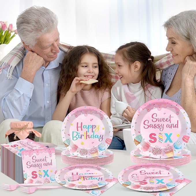 96 PCS Donut Party Tableware 6th Birthday Plates and Napkins Decorations Disposable Donuts Happy Birthday Party Tableware Supplies Sweet Sassy 6th Plates Napkins Decor for Kids Gatherings Decorations