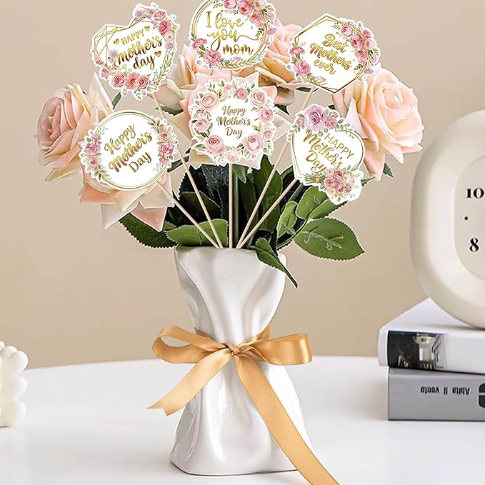 18 PCS Happy Mother's Day Centerpiece Sticks Double Sided Love Mother Best Mom Table Centerpieces Rose Flowers Love Mom Floral Decorations for Happy Mother's Day Theme Women Birthday Party Supplies
