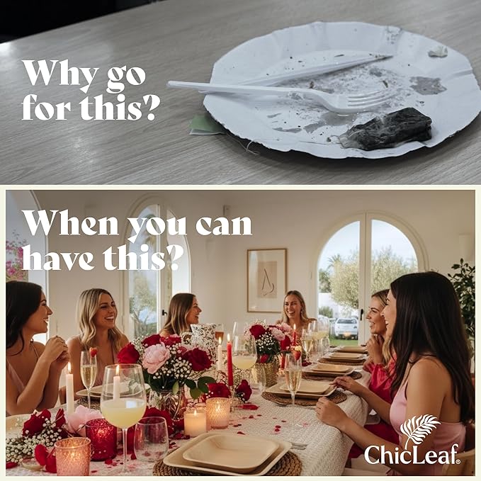 Chic Leaf Palm Leaf Compostable Plates - 6" Square, Pack of 50 - Disposable Dinnerware for Valentine's day, Rustic Bamboo Appetizer Plates, Romantic - Charcuterie Boards & Biodegradable Serviceware