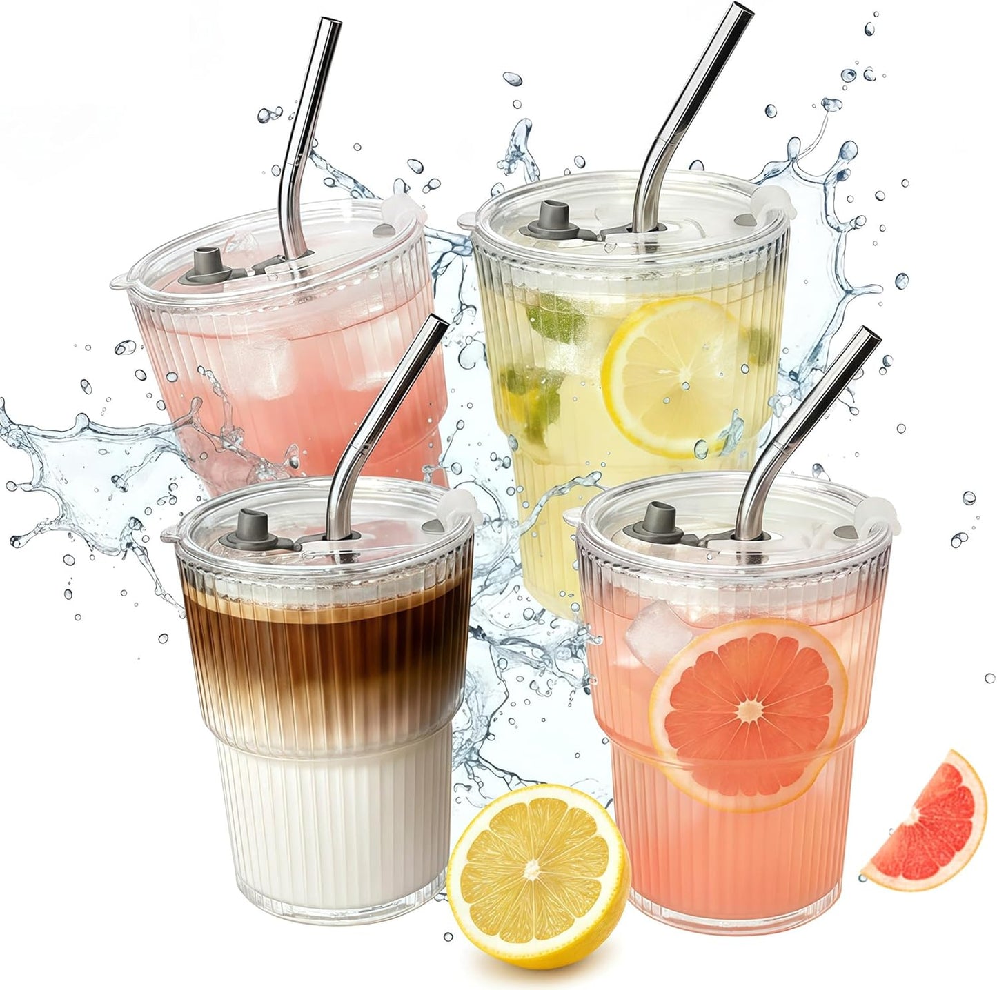 4 Packs Ribbed Glass Tumbler with Lid and Straw 13 oz Cute Ice Coffee Cup Set for Smoothie Juice Matcha Tea Latte Cappuccino Espresso Hot Coffe Water Reusable Clear Travel Boba Aesthetic Drinking Mug