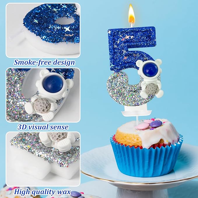 HXOUSE Astronaut 5th Birthday Candle - Space Universe Sparkler 5 Candle for Birthday Cake Boy, Topper for Party Decorations Anniversary Celebrations (Number 5)