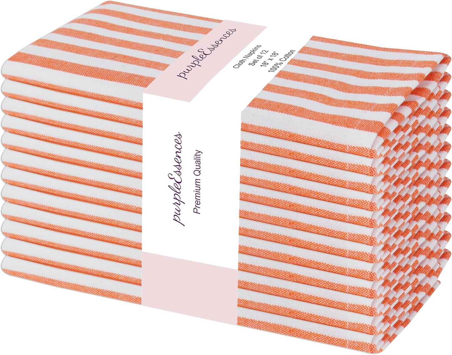 PurpleEssences Plain Striped Cloth Napkins - Set of 12-100% Cotton - 18 x 18 Inch - Fall Thanksgiving - Perfect Everyday Use Dinner Napkin - Orange White