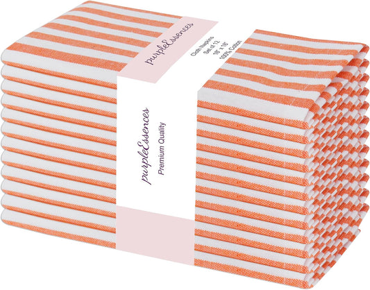 PurpleEssences Plain Striped Cloth Napkins - Set of 12-100% Cotton - 18 x 18 Inch - Fall Thanksgiving - Perfect Everyday Use Dinner Napkin - Orange White
