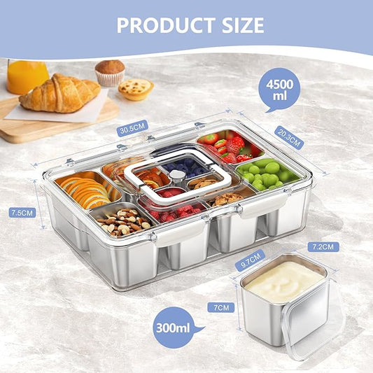 2 Pack Snackle Box Container with 8 Removable Stainless Steel Containers – Clear Divided Serving Snack Tray with Lid & Handle – Leak-Proof for Wet/Dry Food – Perfect for Parties, Travel, Office