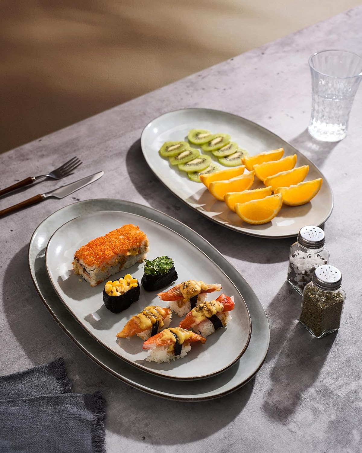 famiware Serving Platter, Oval 15.59/14.3/12.9inch Serving Dishes for Entertaining, Serving Bowls, Reactive Glaze, Stoneware Serving Trays for Party, Food, Turkey, Cheese, Ocean Series, Grey
