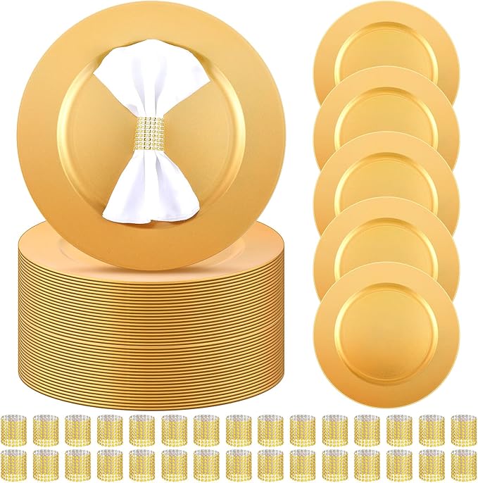 Tanlade 100 Pcs Charger Plates Set Bulk Include 50 Plastic Plate Chargers and 50 Napkin Rings 13" Round for Dinner Table Setting Wedding Baby Shower Decoration(Gold)