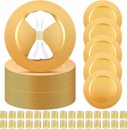 Tanlade 100 Pcs Charger Plates Set Bulk Include 50 Plastic Plate Chargers and 50 Napkin Rings 13" Round for Dinner Table Setting Wedding Baby Shower Decoration(Gold)