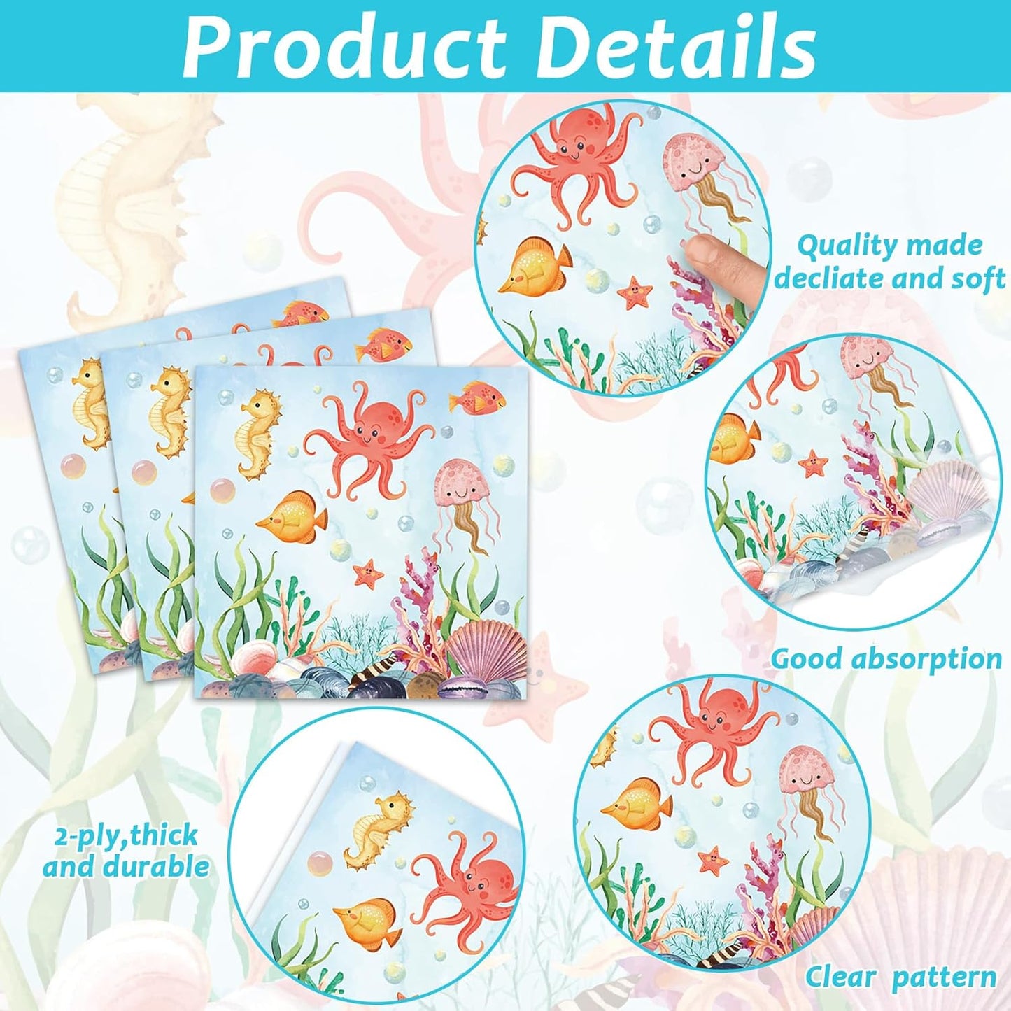 gisgfim 50 Guests Under the Sea Party Decorations Plates and Napkins Ocean Animals Birthday Paper Plates Napkins Tableware Set Underwater Sea Life Party Supplies for Birthday Baby Shower 200Pcs