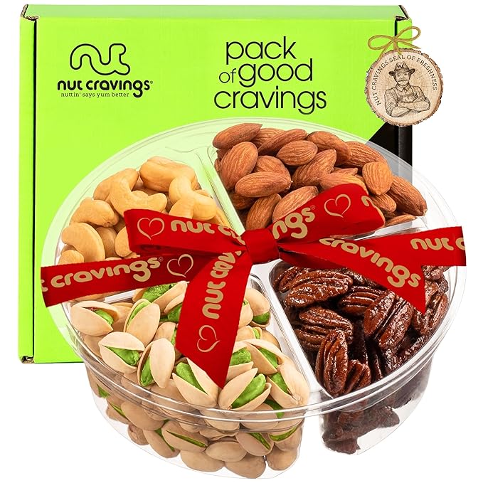 NUT CRAVINGS - Halloween Treats For Adults Mixed Nuts Gift Basket + Heart Ribbon (4 Assortments) Holiday Xmas Christmas Food Arrangement, Healthy Snack Care Package, Food Assortments