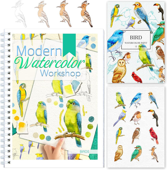 Watercolor Workbooks with Step by Step for Adults Teens - Beginner Watercolor Workbook with 12 Coloring Book Pages -100% Cotton 300gsm/140lb Watercolor Paper (Birds)