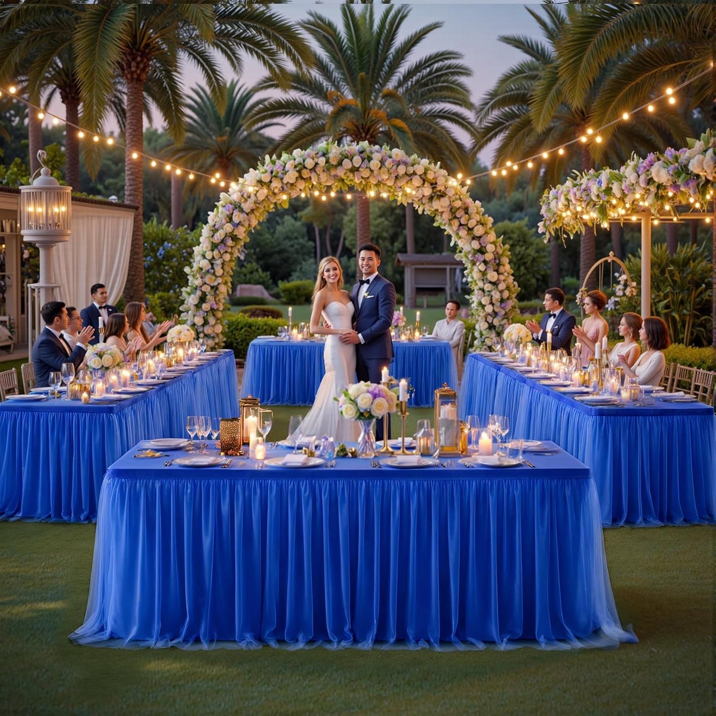 4 Pack 8ft Royal Blue Tulle Tablecloths for Rectangle Tables, 8 Foot Rectangular Table Cloth Wrinkle Free Tablecover with Tutu Skirt for Baby Shower Wedding Birthday Party Banquet Buffet Cake
