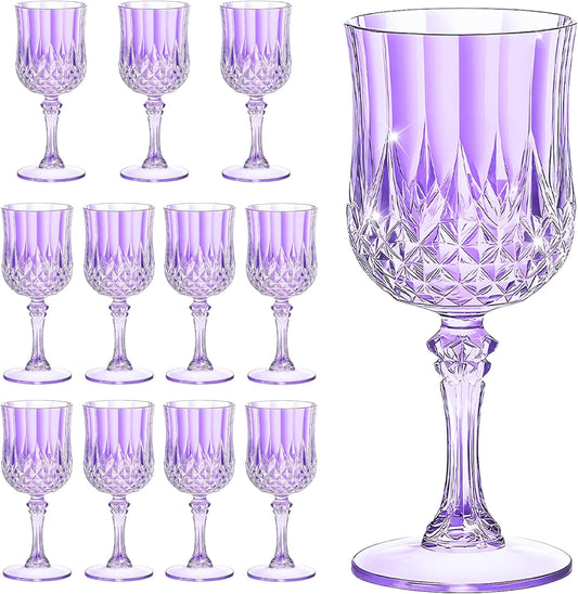 12PCS 7OZ Purple Wine Plastic Glasses, Drinking Champagne Glasses Flutes Crystal Vintage Water Unbreakable Goblets for Wedding, Parties