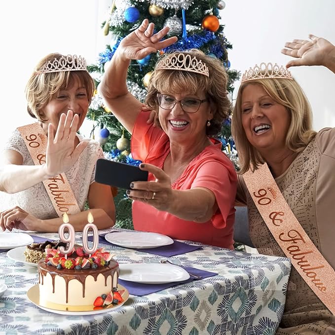90th Birthday Decorations for Women with Rose Gold Sash, Tiara,Numbers Candles, Sincere 90th Birthday Gifts for Women