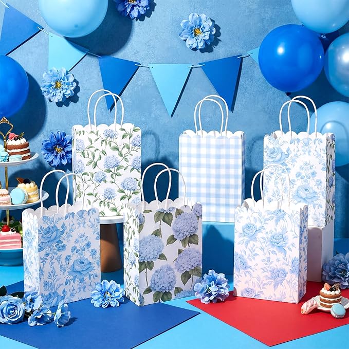 Kolldenn 24 Pcs Hydrangea Floral Party Gift Bags with Handles Paper Candy Treat Goodie Bags Scalloped for Birthday Decoration for Bridal Baby Shower Tea Party Supplies