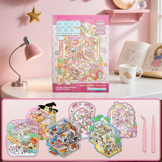 DIY Sticker Scenes for Adults Kids, Sticker therapyCollection Book Stress Relief Pass The Time,Make Your Own House Miniature Cute Cartoon Animal Isometric Scene