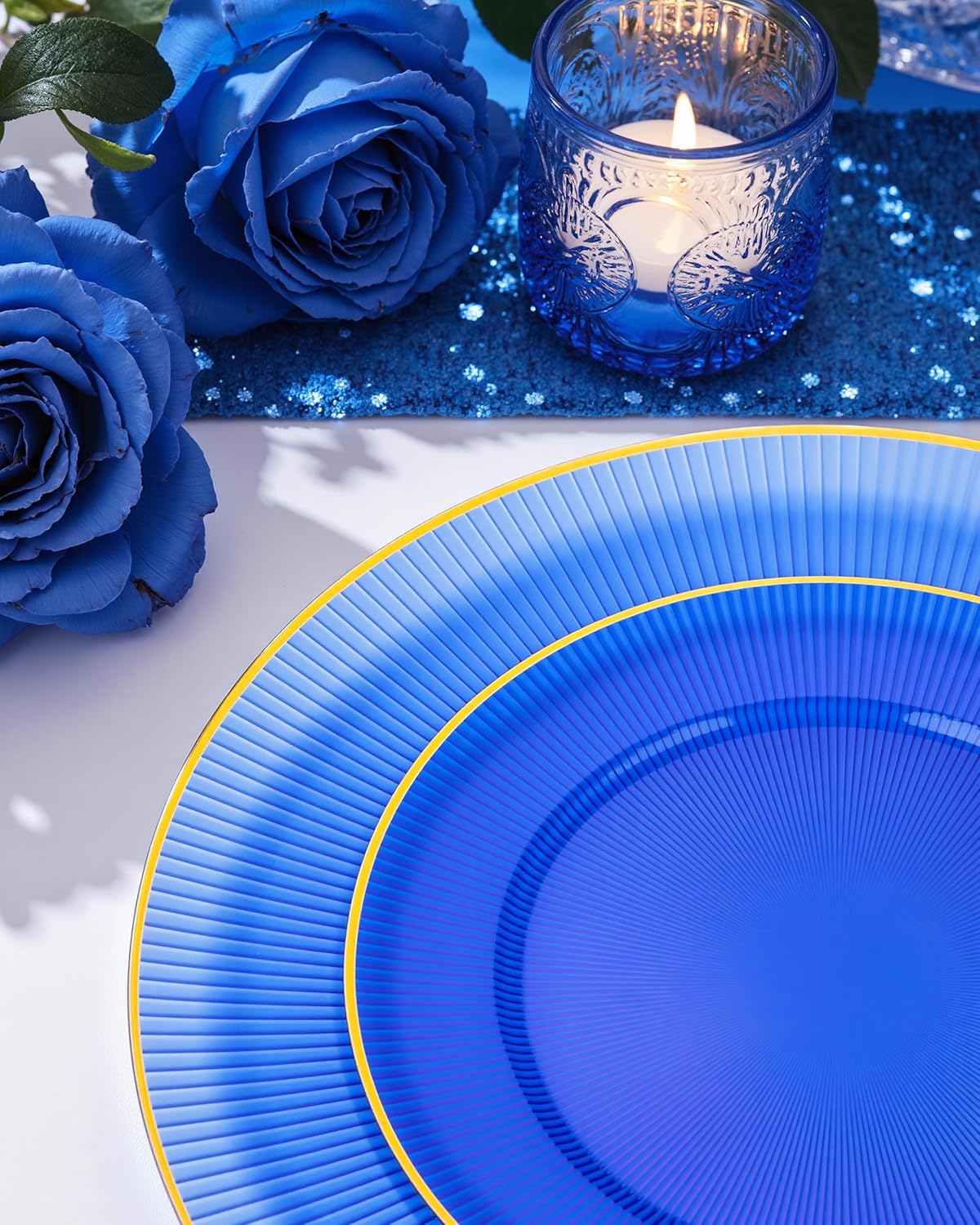 Hioasis 60pcs Blue Plastic Plates - Blue Gold Disposable Dinnerware Set, 30pcs Dinner 10.25in & 30pcs Dessert 7.5in Plates with Striped Designs for Party & Wedding