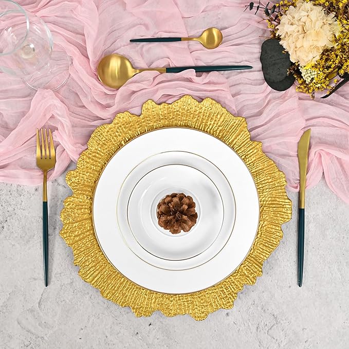 Pesonlook 24Pcs Bright Gold Charger Plates Round 13inch, Reef Plate Chargers for Dinner, Bulk Plastic Floral Table Charger Plates for Dinner Wedding Party Event Table Setting Decoration(Bright Gold)