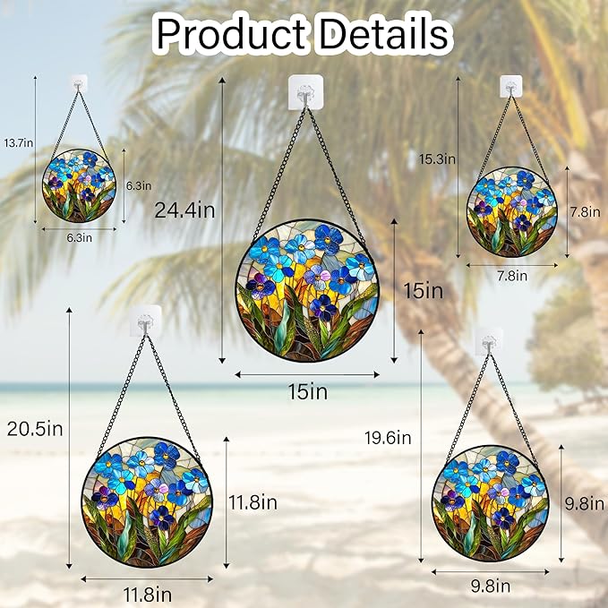Stained Glass Window Hanging - Blue Wildflower Plant Flowers Sun Catcher for Door Garden Home Decor Suncatcher Christmas Mother's Day Birthday Gifts for Women Men Mom Nana 15 in