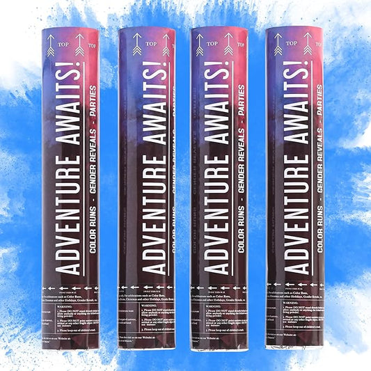 Adventure Awaits! - BABY GENDER REVEAL - 4-Pack Hand Held Air Filled Party Popper - 3 options: 4 Blue or 4 Pink or 2 Red/2 Blue - Check our store for other Color Run Festival colors! (4 Baby Blue)