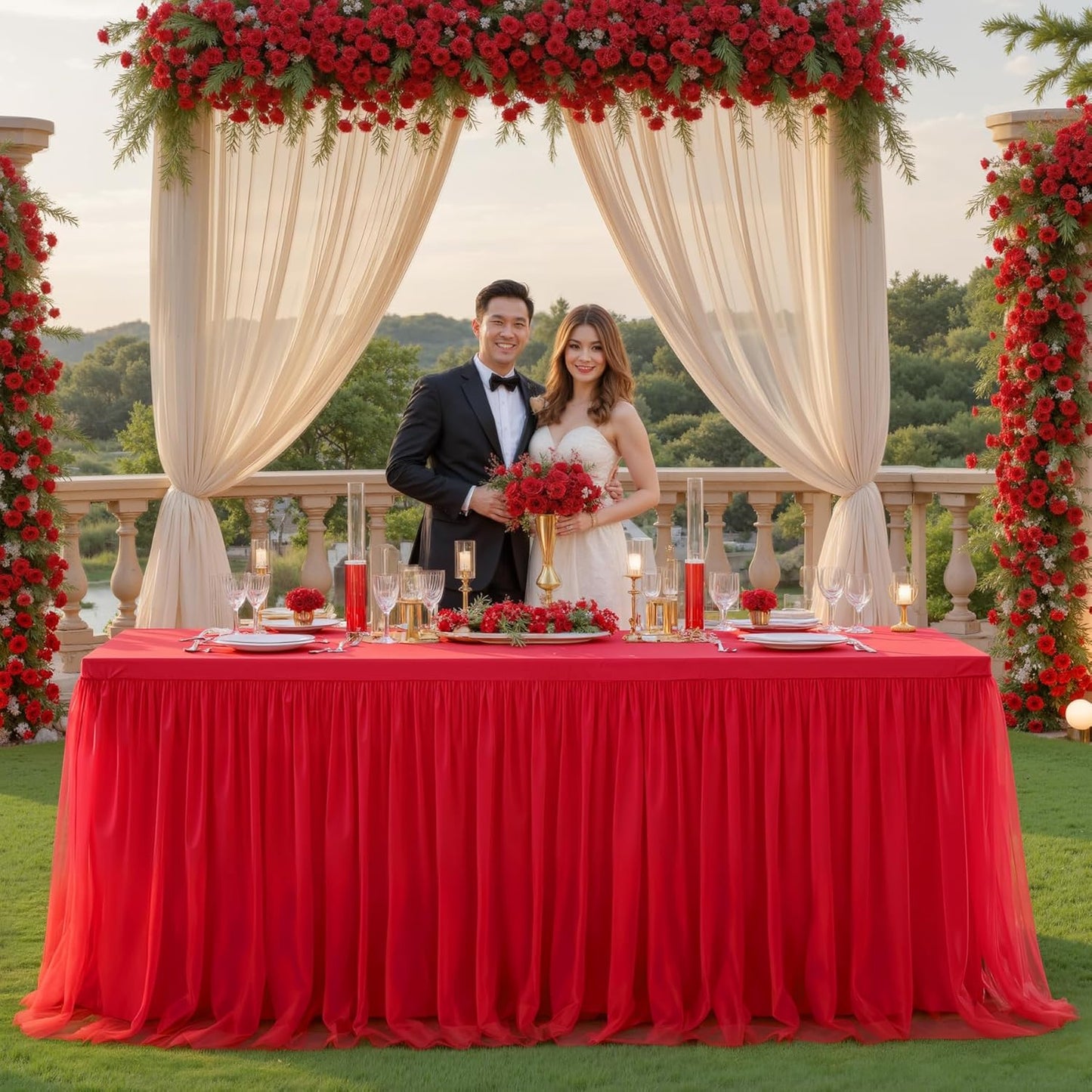 Suppromo 6 Pack 6ft Red Tulle Tablecloths for Rectangle Tables, 6 Foot Red Rectangular Table Cloth Wrinkle Free Tablecover with Tutu Skirt for Baby Shower Wedding Birthday Party Banquet Buffet Cake