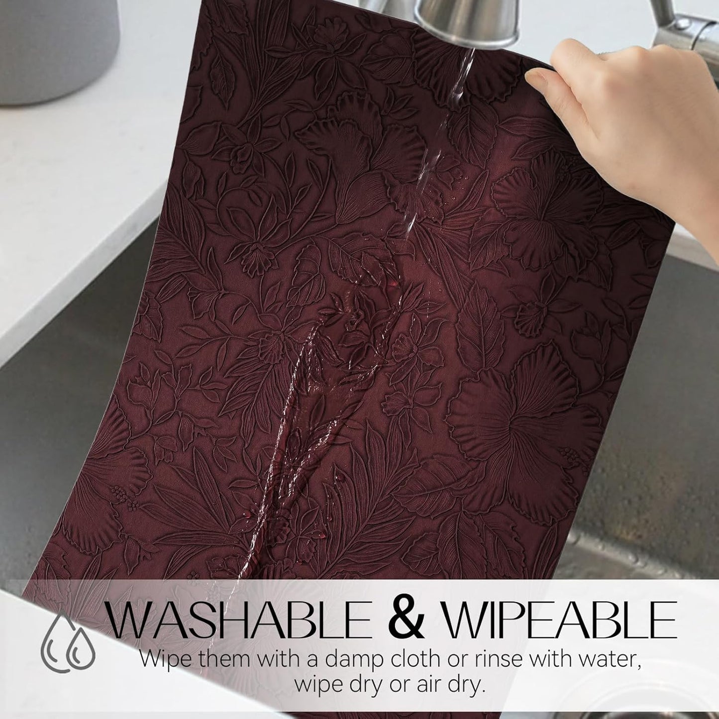 Romanstile Vinyl Placemats Set of 4-12 X 18 Inch - Heat Resistant Non-Slip Embossed Floral Place Mats 100% Waterproof Oilproof Wipeable Faux Leather Table Mats for Kitchen/Dining/Party, Burgundy