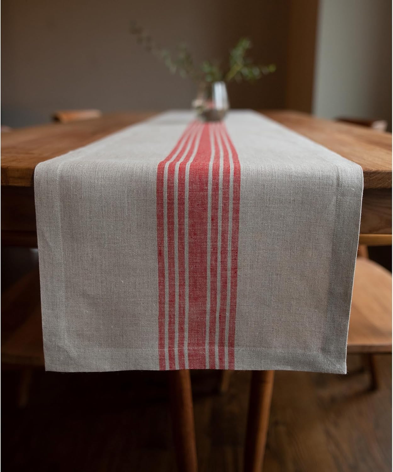 Solino Home Linen Striped Table Runner 48 Inches - 100% Pure Linen Red and Natural Farmhouse Small Table Runner 14 x 48 Inch Ideal for Dresser and Coffee Tables - Fall, Halloween, Christmas, Holiday