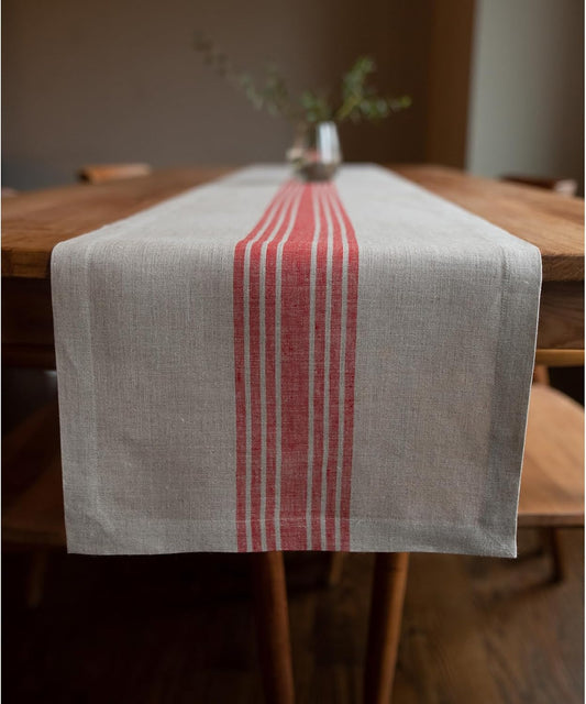 Solino Home Linen Striped Table Runner 48 Inches - 100% Pure Linen Red and Natural Farmhouse Small Table Runner 14 x 48 Inch Ideal for Dresser and Coffee Tables - Fall, Halloween, Christmas, Holiday