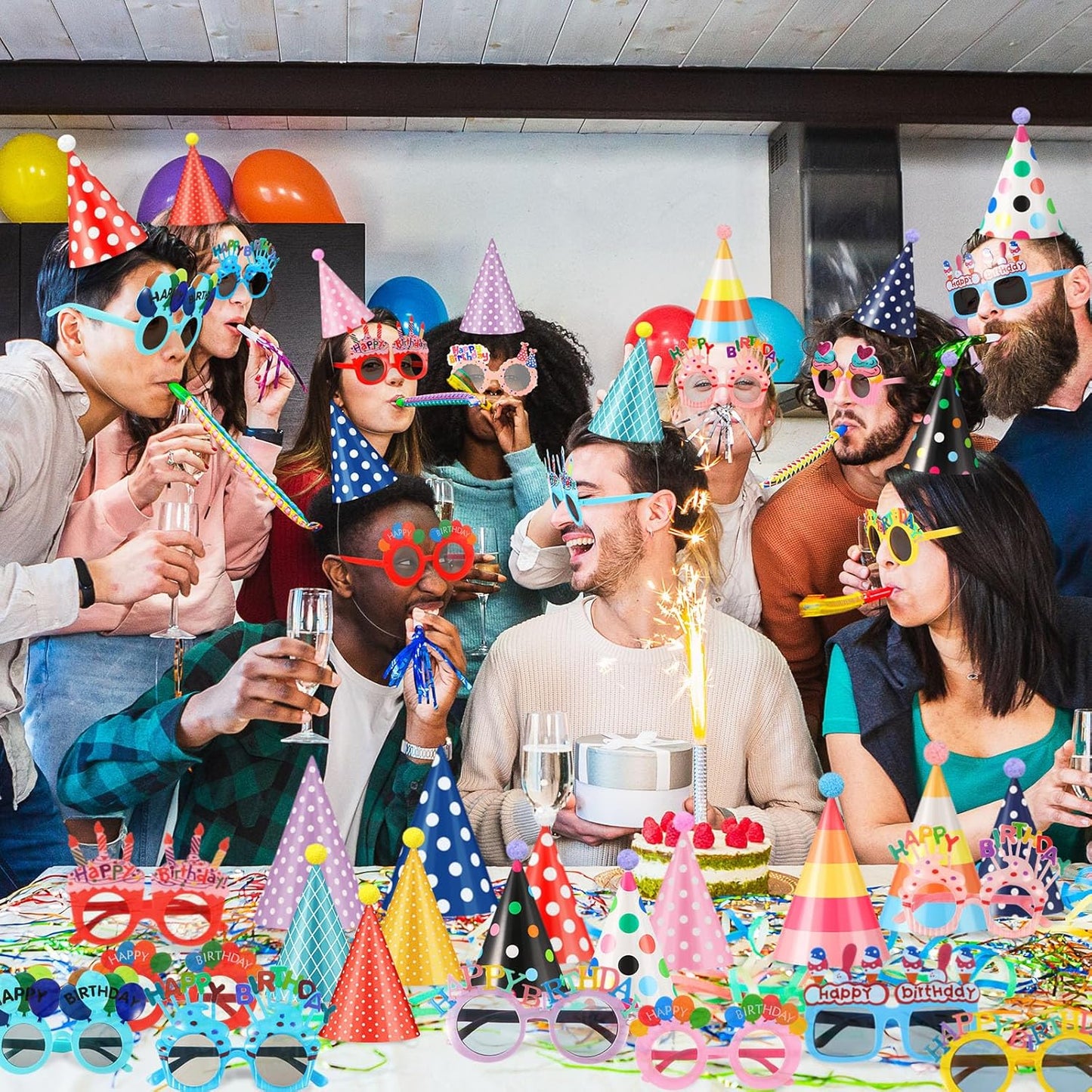 24 Pcs Birthday Party Hats Party Cone Hat with Pom Poms Birthday Glasses Photo Booth Props for Kids Adults (Dot Style)