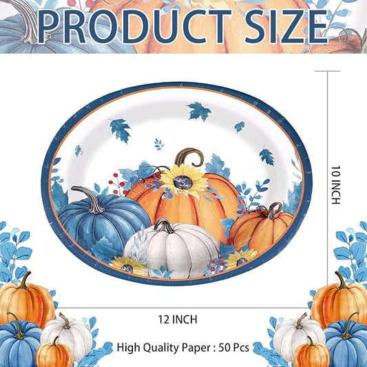 50Pcs Fall Oval Paper Plates Thanksgiving Plates 10" X 12" Large Disposable Blue White Pumpkin Plate Autumn Sunflower Platter Dinner Tableware for Autumn Harvest Thanksgiving Party Decorations
