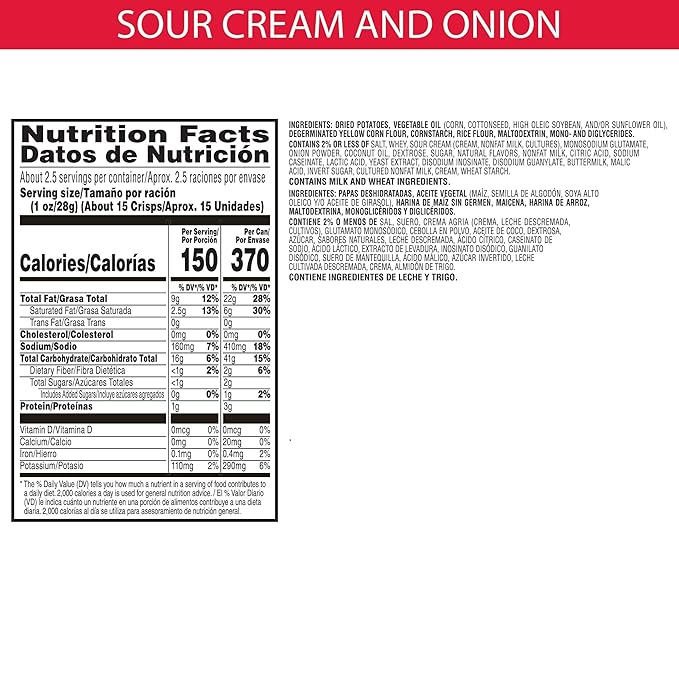 Pringles Potato Crisps Chips, Sour Cream & Onion, 2.5oz (12 Count)