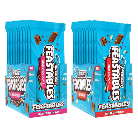 Feastables MrBeast Combo Pack, King Size Milk Chocolate & Milk Crunch Bars, 10 Each, Candy Bars for Adults & Kids, Candy Bar for Snacks, Gifts, or Dessert, Fairtrade Cocoa, 2.1 Oz Each, 20 Count