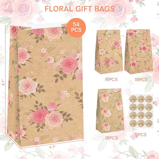 VGOODALL 54 Pack Inch Gift Bags with Stickers, 4.7x3.1x8.7 Inch Floral Party Favor Treat Bags for Wedding Baby Shower Birthday Bulk Gift Packaging Supplies