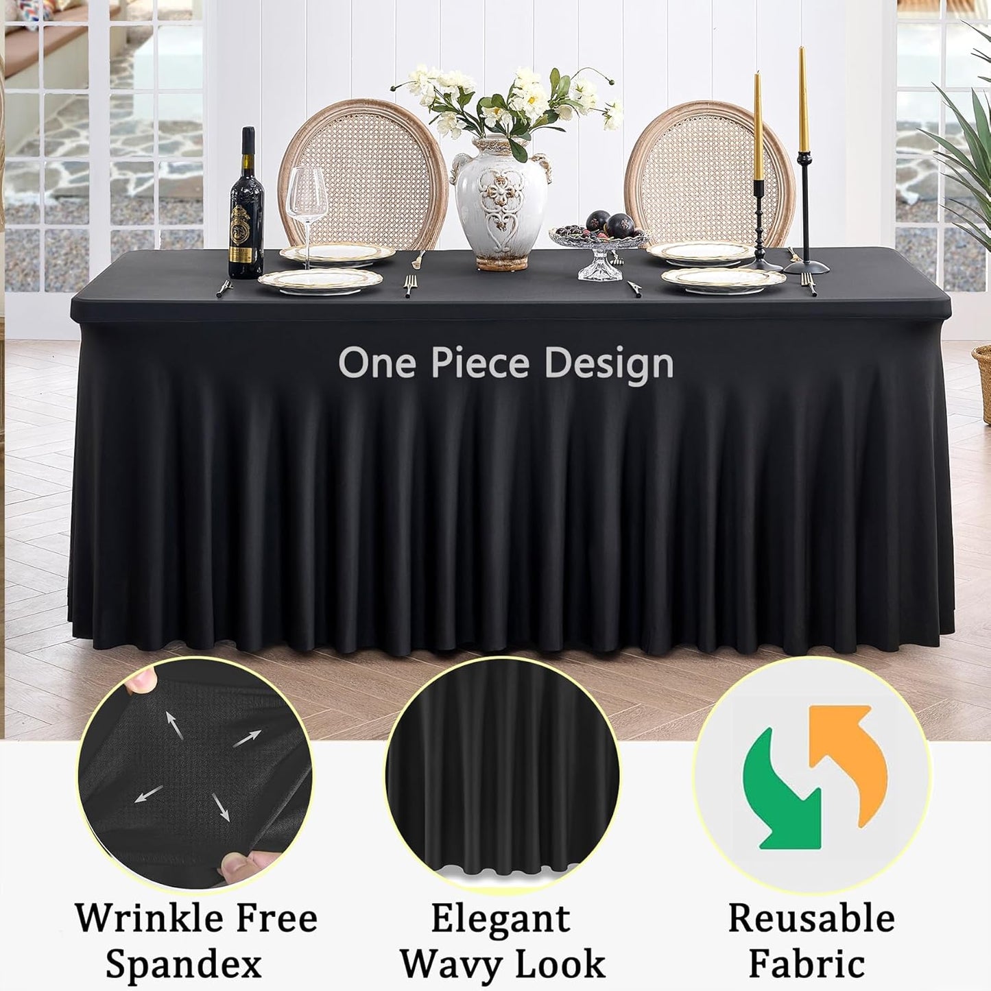 2 Pack Black Spandex Tablecloth for 5 Foot Rectangle Tables, Wrinkle Free Fitted Table Clothes Cover 5ft Stretchy Tablecloths with Skirt for Parties Weddings Birthday Banquet Baby Shower