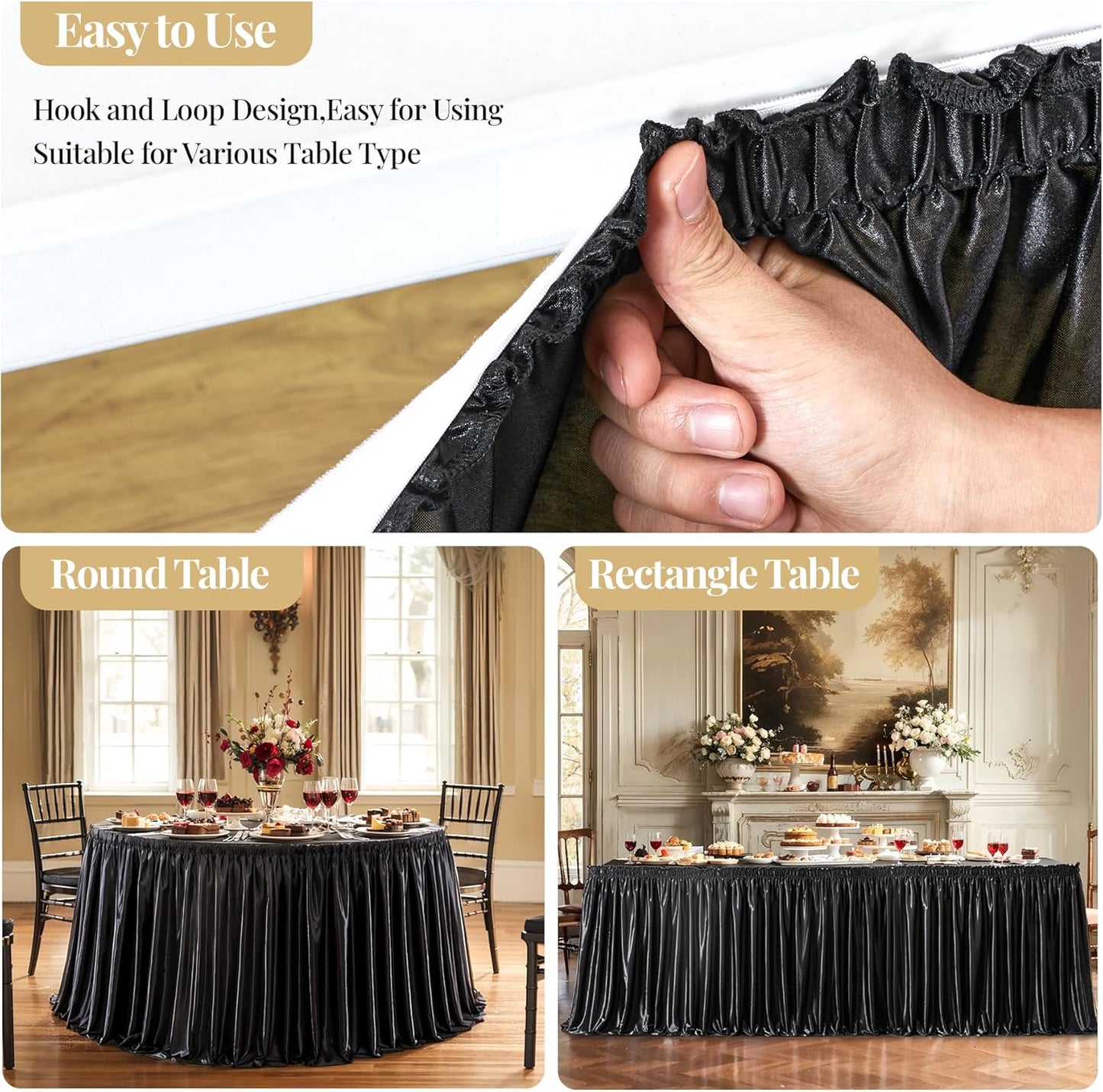 Wish Care 14ft Black Satin Table Skirt for Rectangle Tables Wrinkle Free Glitter Desk Skirts Pleated Ruffle Table Cloth for Wedding Birthday Graduation Party Buffet Display Trade Show Table Decoration
