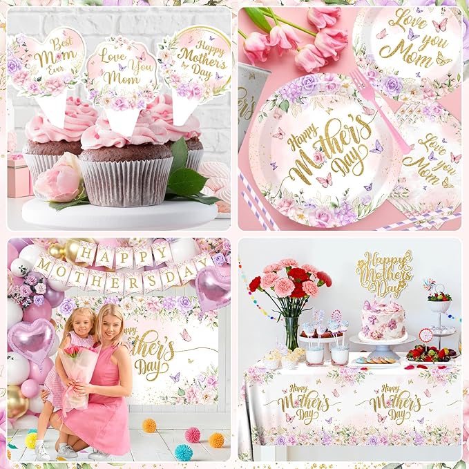 Happy Mother's Day Party Supplies,Pink and Purple Mothers Day Plates,Napkins,Balloon Arch,Banners,Cake Toppers Spring Floral Theme Love You Mom Decorations for Best Mom Ever Party Favor Serve 24