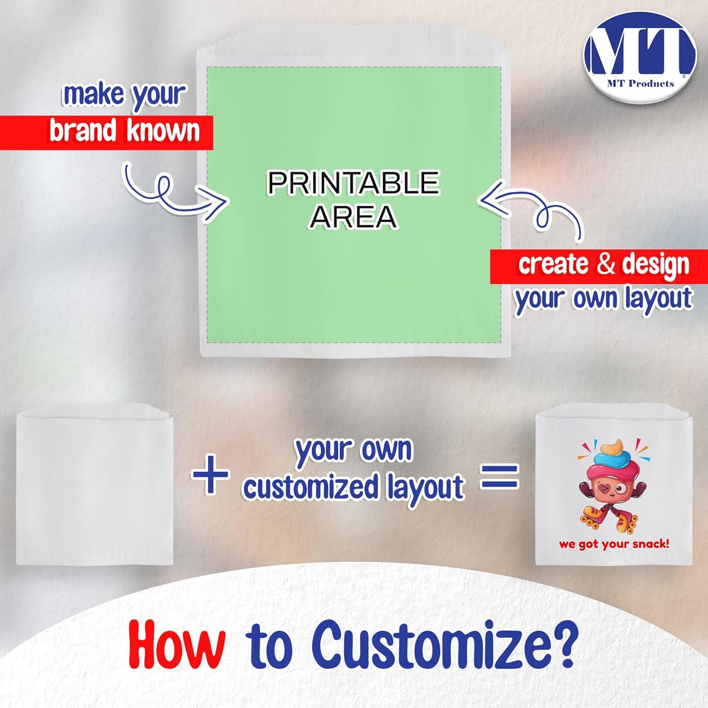 MT Products Custom Printed Small White Paper Bags 6" x 6.5 - Personalized Disposable White Cookie Bags