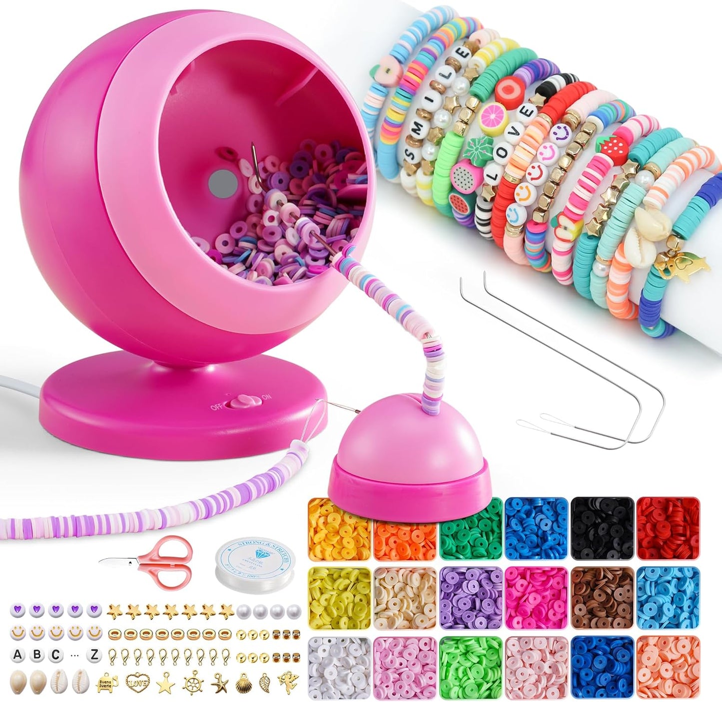 ETUDAW Bead Spinner for Jewelry Making, 4500 PCS Clay Beads, Automatic Bracelet Maker with Needles and Thread for Cute Friendship Bracelets, Gift for Girls(Red)