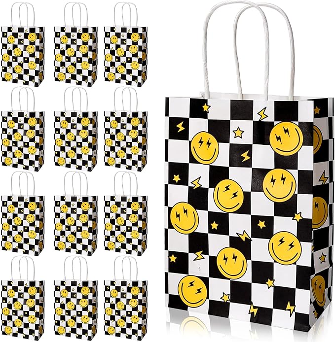 JarThenaAMCS 24Pcs One Happy Dude Party Favor Bags Smile Face Lightning Paper Gift Bag with Handles Checkered Goodie Treat Bags for Baby Shower Birthday Party Supplies