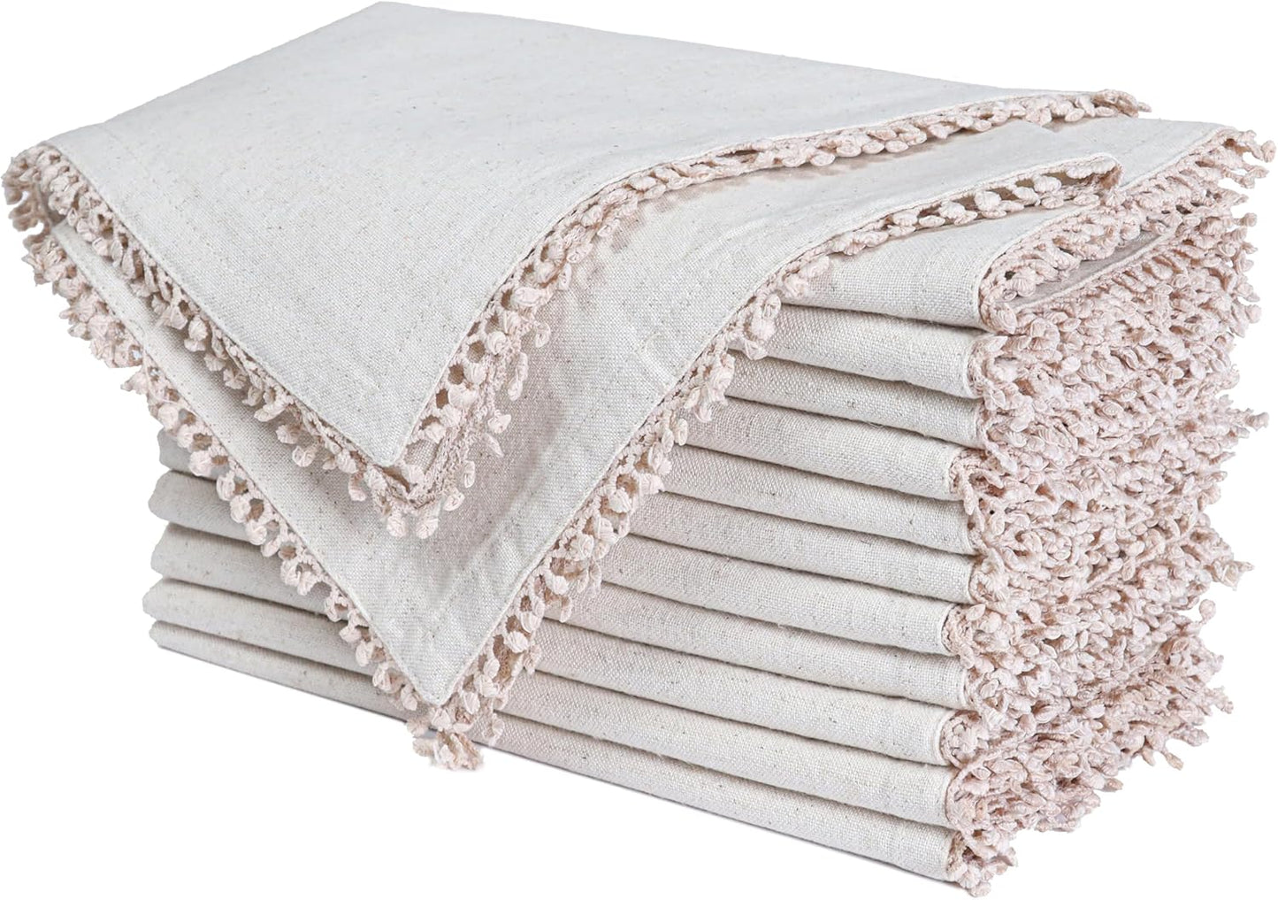 Bedding Craft Linen Cloth Dinner Napkins Set of 12 – 18x18 Natural with Decorative Lace Selvedge – Elegant Machine Washable Napkins for Weddings, Baby Showers, Parties & Dining