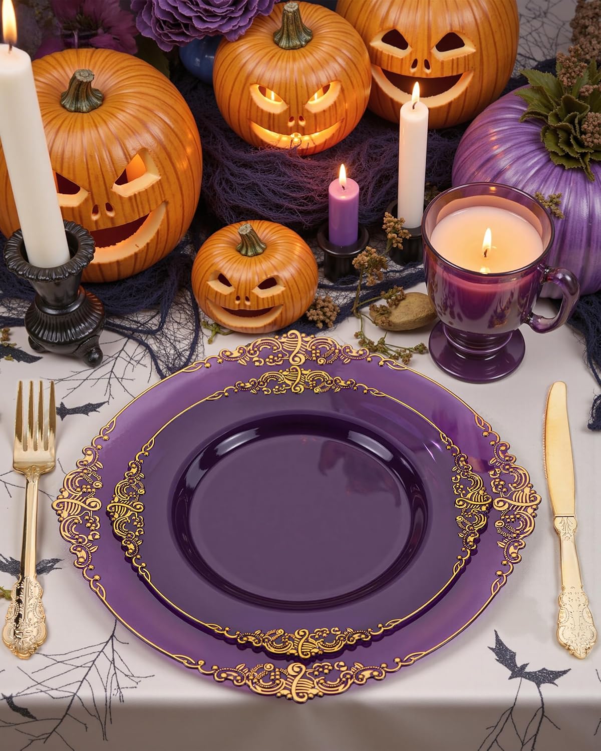 Nervure 175PCS Clear Purple Plastic Plates - Purple Party Plates Set for 25 Guests Include 25Dinner Plate, 25Dessert Plate, 25Cups, 75 Cutlery, 25Napkins Perfect for Wedding & Party & New Year