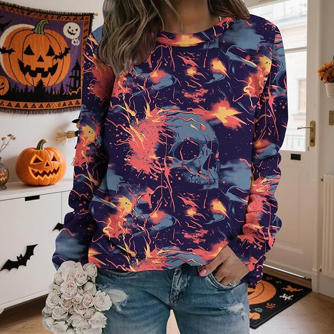 LIZALIG Pullover Cute Sweatshirt Orange Skeleton Fall Festive FunWomens Design Bat Holiday Party Outings Pumpkin Print