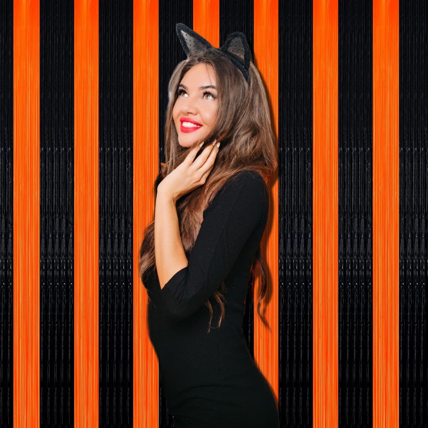 4 Pack Black Orange Foil Fringe Curtain Backdrop, 3.28Ft x 6.56Ft Metallic Tinsel Foil Fringe Streamers Curtains for Photo Booth, Wedding, Thanksgiving, Birthday, Christmas, Halloween Party Decoration