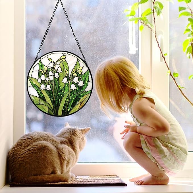 Stained Glass Window Hanging, Lily of The Valley Flower Sun Catchers Colorful Glass Panel Green Plants Suncatcher Decor for Birthday for Women,Men,Wife, Lovers, and Mom 11.8 in