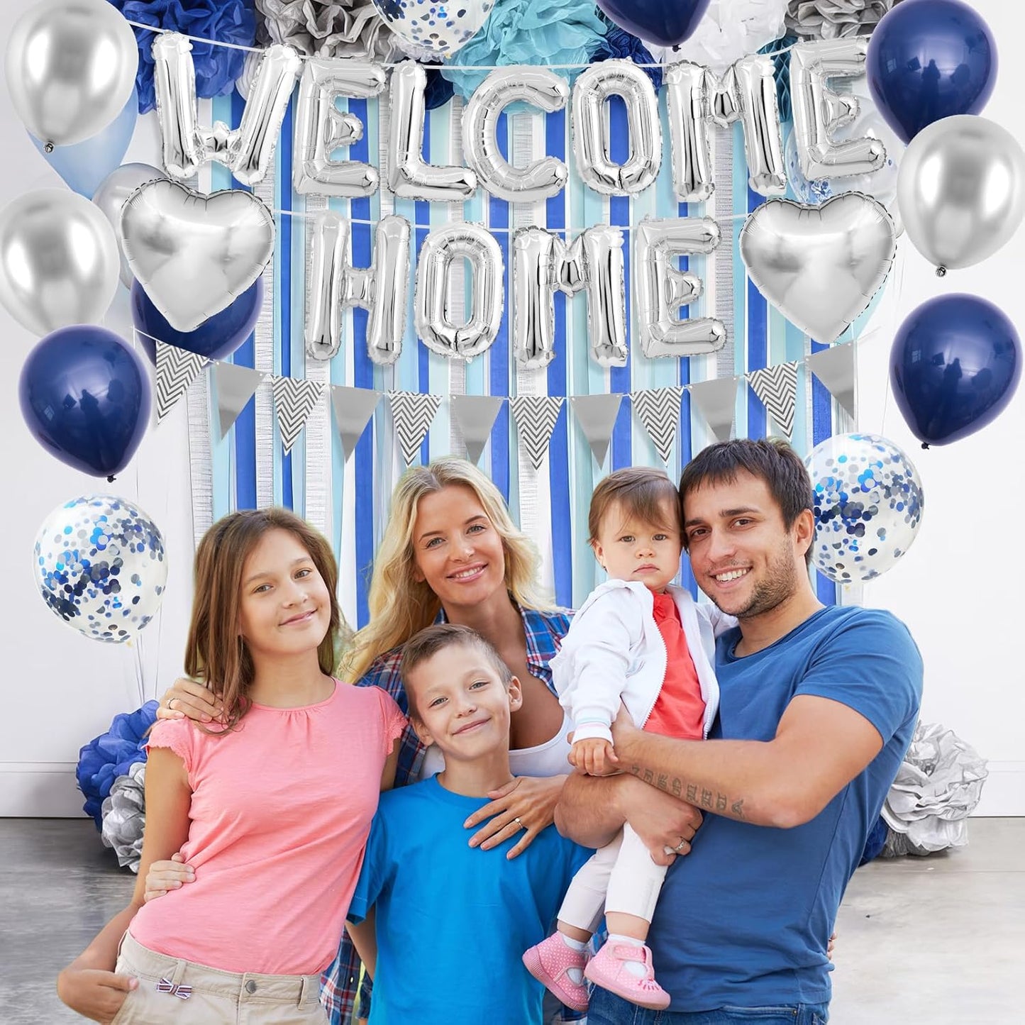 Welcome Home Decorations Navy Blue Silver,Welcome Home Foil Balloon Banner with Confetti Balloons,Silver Heart Balloons Pennant Flag Bunting for Housewarming Baby Shower Home Family Party Supplies