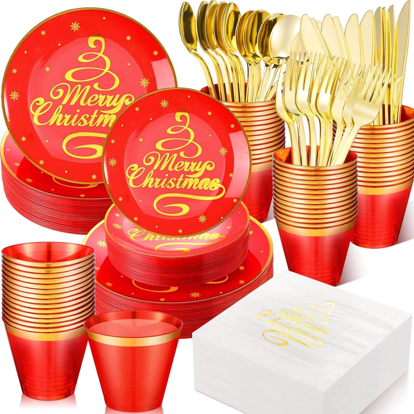 Sliner 350 Pcs Christmas Plastic Tableware Bulk, Red and Gold Tableware Set, Disposable Xmas Dinnerware with Dinner Plates, Dessert Plates, Forks, Knives, Spoons, Cups, Napkins for Holiday Party