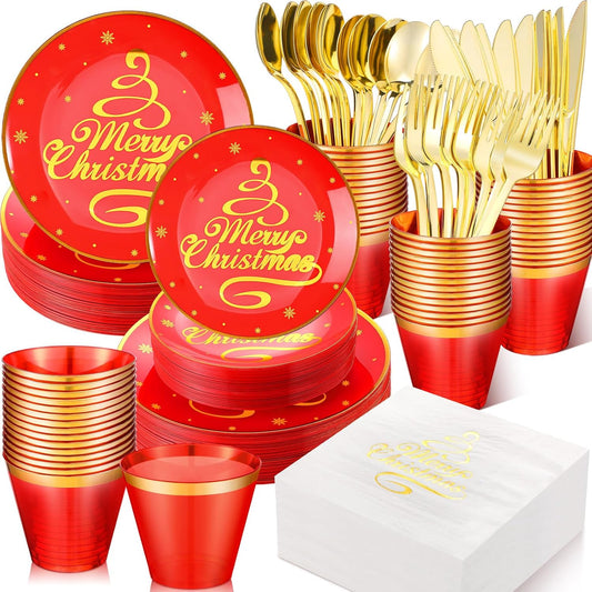 Sliner 350 Pcs Christmas Plastic Tableware Bulk, Red and Gold Tableware Set, Disposable Xmas Dinnerware with Dinner Plates, Dessert Plates, Forks, Knives, Spoons, Cups, Napkins for Holiday Party