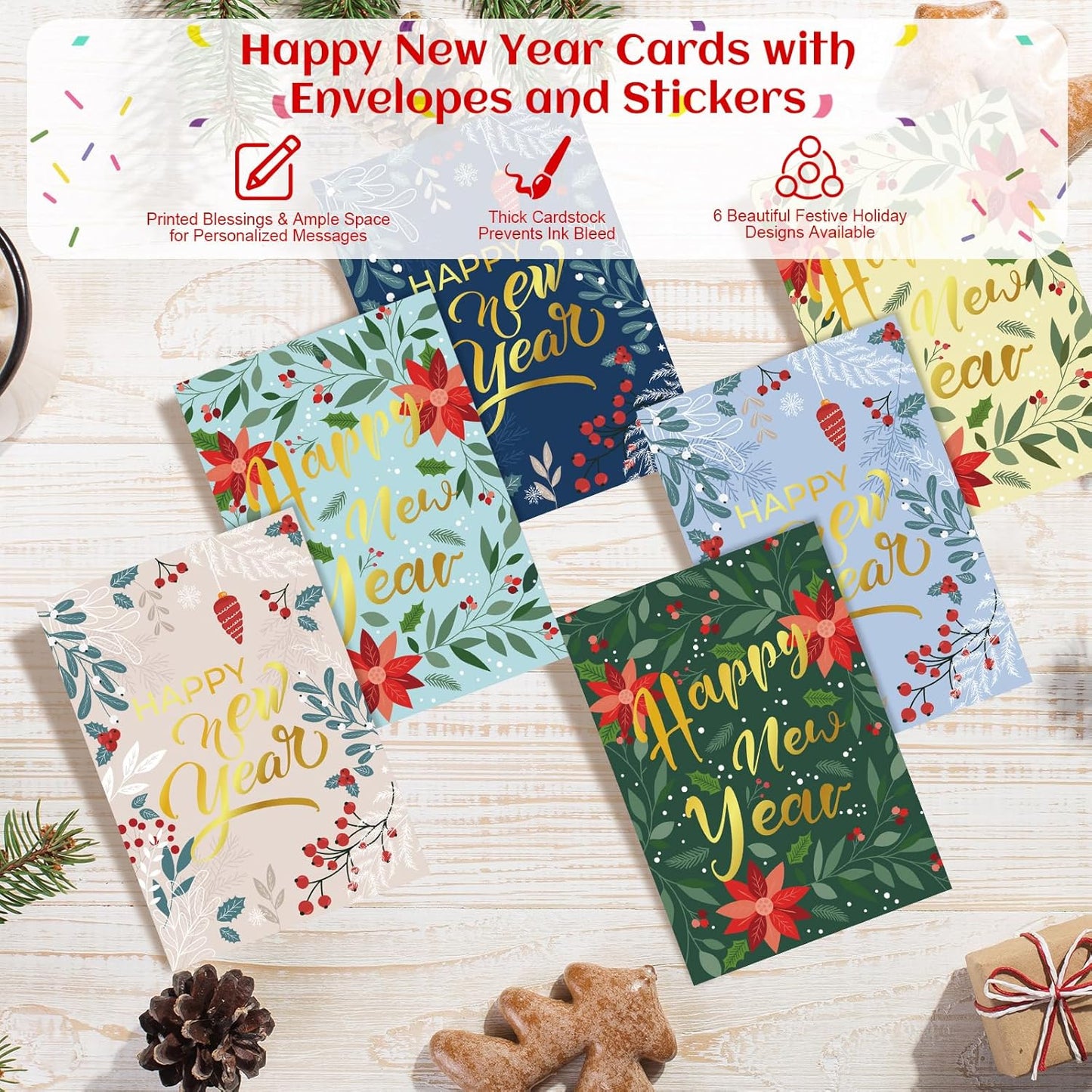 24 Pack Happy New Year Cards with Envelopes & Stickers - 5 * 7in Gold Foiled Happy New Year Greeting Cards 6 Design with Printed Message Inside for Family Friend Teacher Classmate