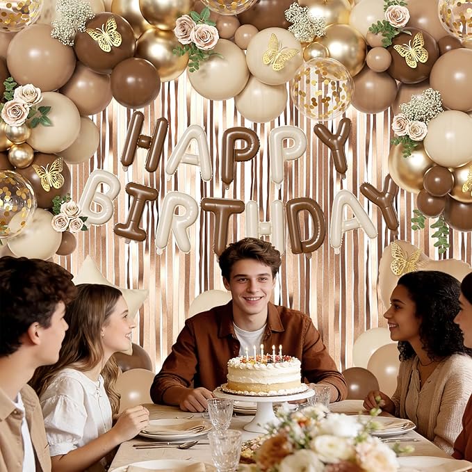 Brown Birthday Decorations, Brown Tan Beige Gold Foil Confetti Balloons Happy Birthday Banner Gold Butterfly Fringe Curtains Birthday Decorations for Women Girls